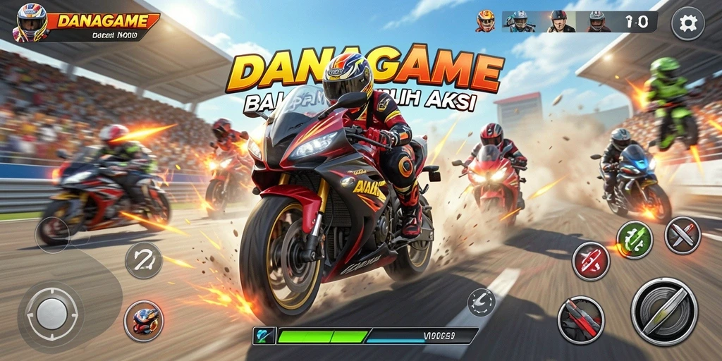 Screenshot gameplay <strong>DANAGAME</strong> dengan aksi balapan motor yang intens.
