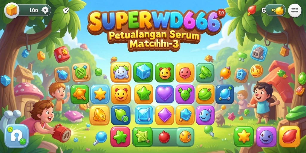 Tampilan gameplay Match-3 SUPERWD666 yang menarik dan penuh warna.